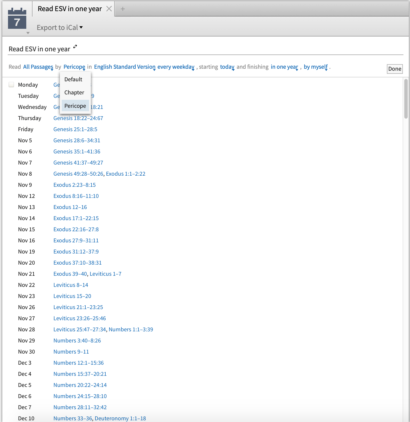 Creating a reading plan in Logos Bible Software with pericope divisions